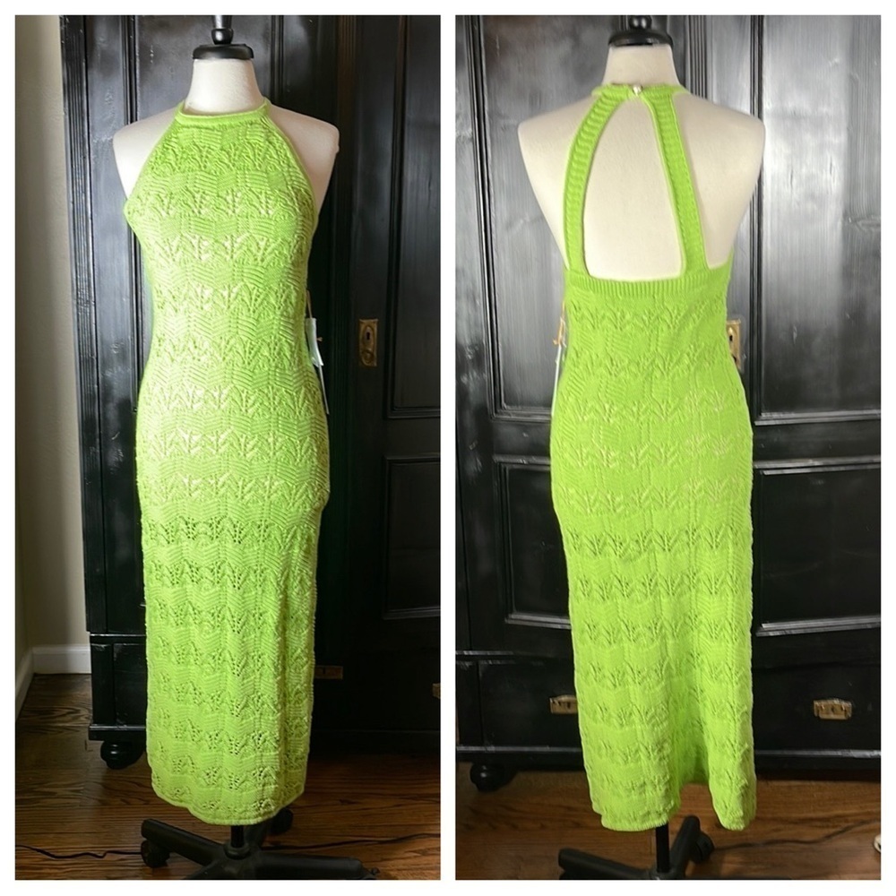 NWT House of Harlow 1960 Crochet Maxi Dress Cut Out Back Bright Green SZ S